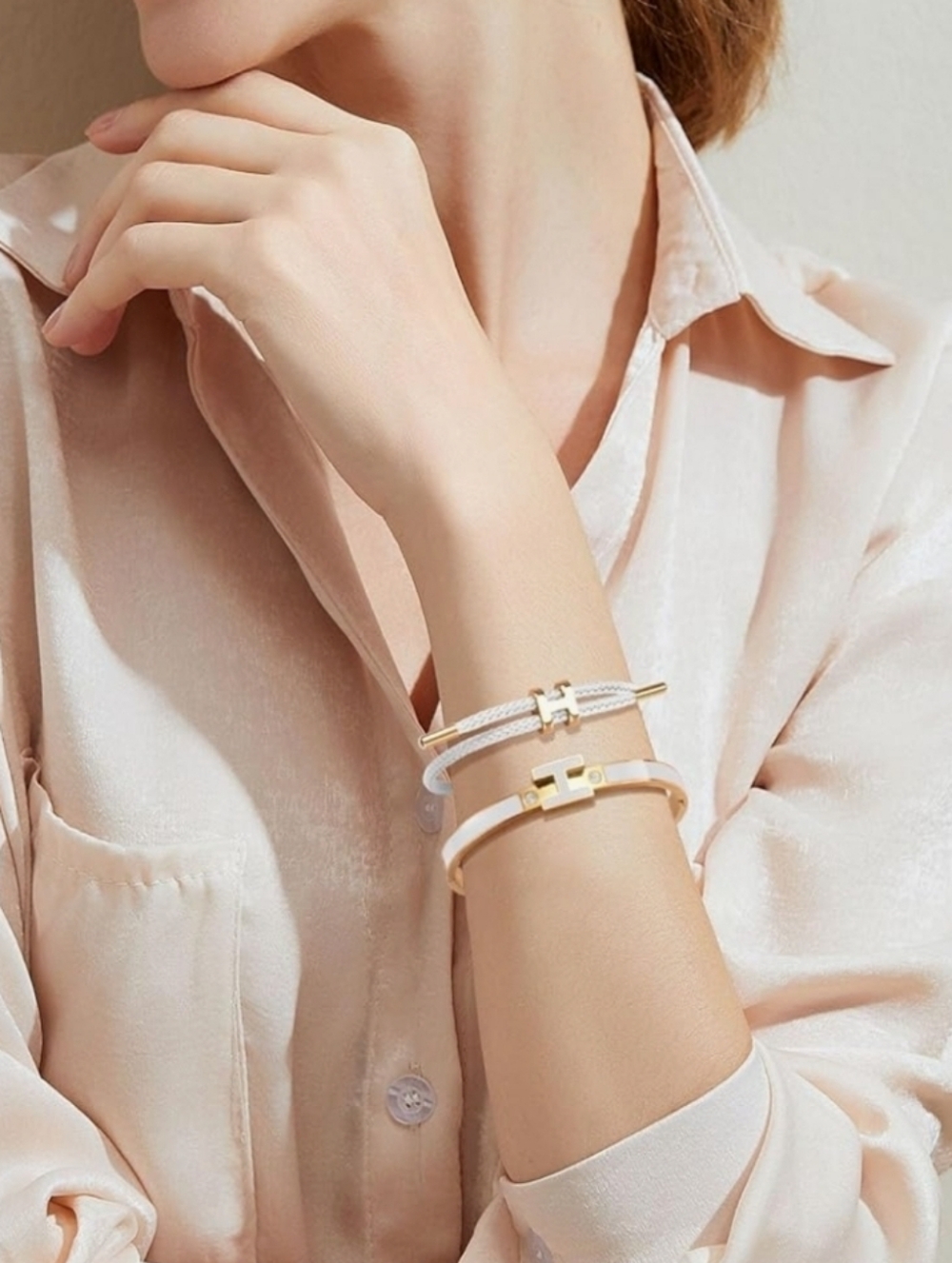 2pcs 18k Gold Plated H Bangle And H Wire Rope Bracelet Set